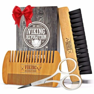 Viking Revolution beard grooming kit with comb, brush, and scissors.