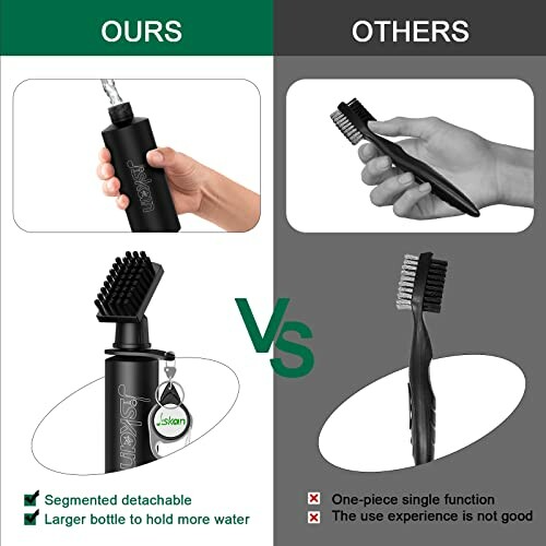 Comparison between a segmented detachable water bottle brush and a one-piece brush.