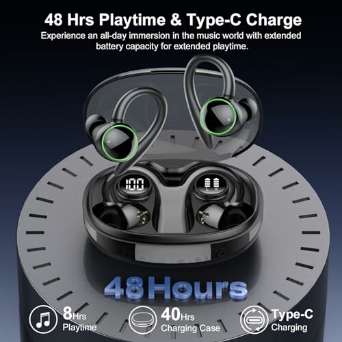 Wireless earbuds with 48 hours playtime and Type-C charging.