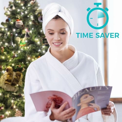 Woman in robe reading magazine near Christmas tree with time saver icon.